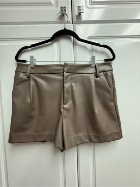 High-Waist Faux Leather Womens Shorts in Taupe